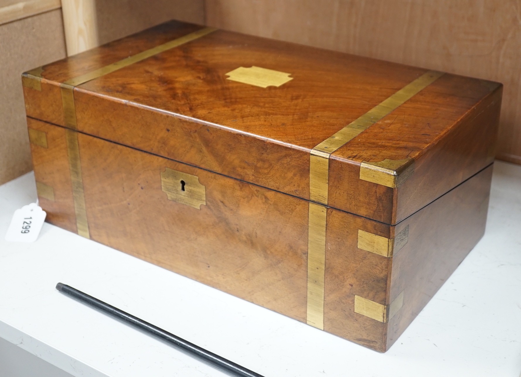 A 19th century mahogany brass bound writing slope, 45.5 cms wide x 18.5 cms high